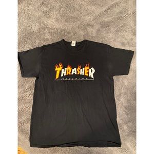 Black thrasher t shirt with flame lettering